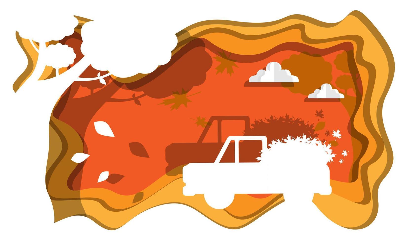 design de arte de corte de papel de outono com caminhão cheio de folhas. adequado para fundos, folhetos, produtos infantis vetor