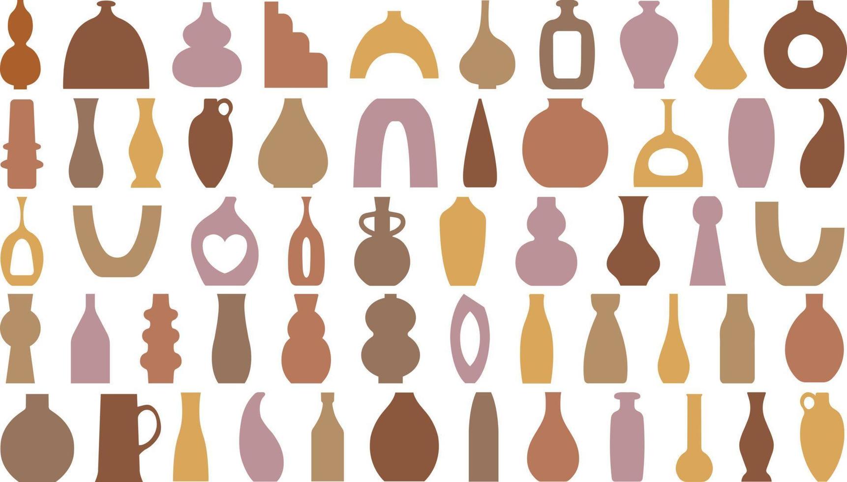 coleção de vasos de cerâmica em estilo boho. ilustração de cor marrom plana para design vetor