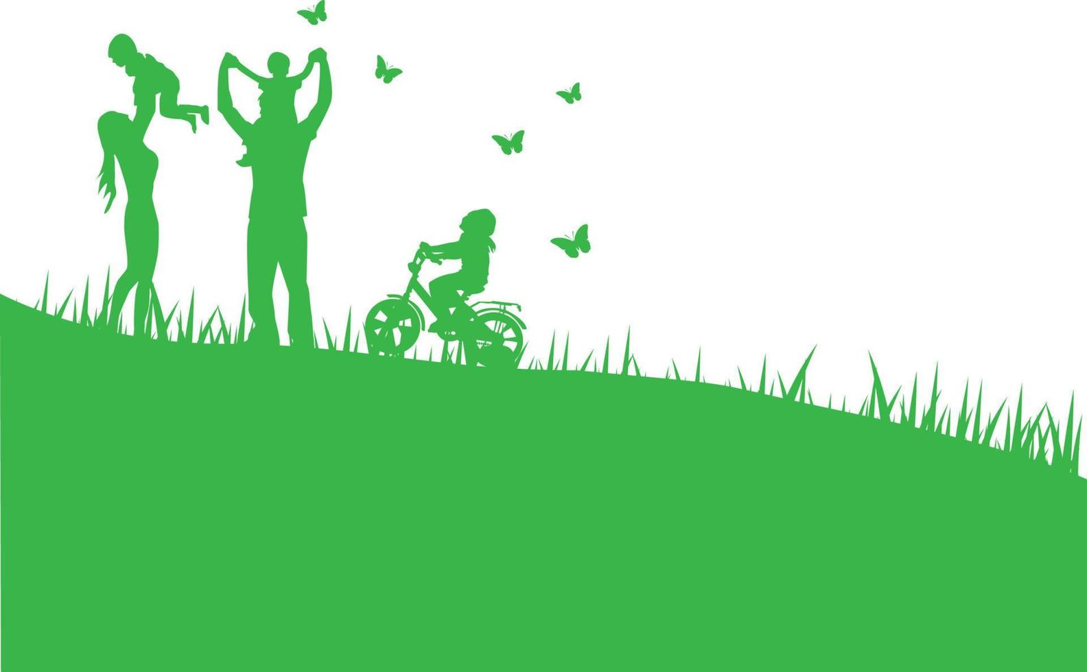 fundo verde família feliz se divertindo jogando no campo. design criativo ambiente gráfico natureza dia concept.people lifestyle desfrutar no jardim parque de silhouette.picnic em férias.vector.eps10 vetor