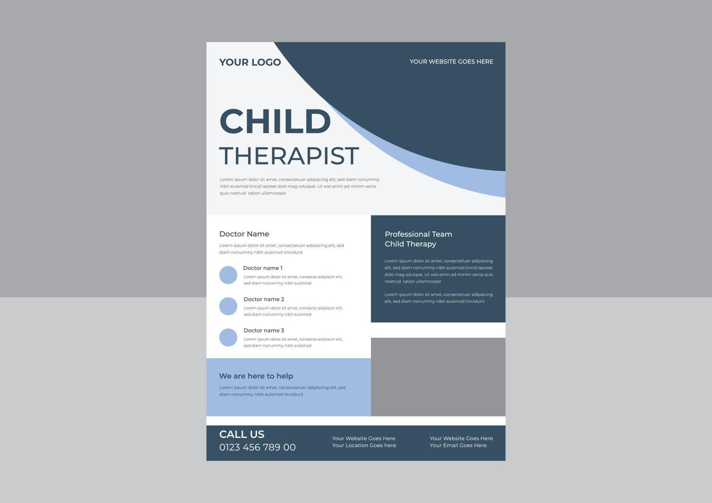 modelo de design de folheto de terapia infantil, folheto de terapia médica, modelo de folheto de cartaz de aconselhamento infantil. vetor