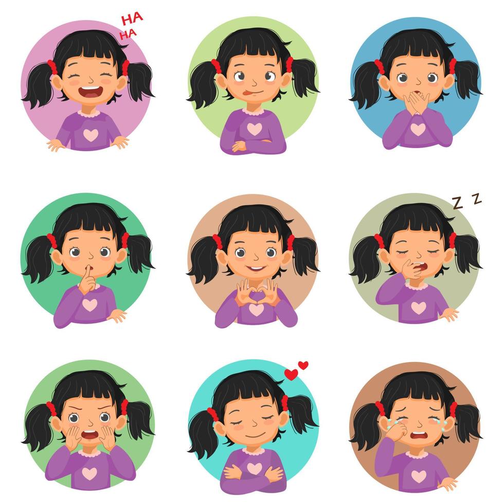 conjunto de emoções de expressões faciais de menina. como rir, cara boba, mãos tapando a boca, silêncio, sinal de amor, saudades, choro, sonolência, gritos. vetor de avatar de diferentes gestos e sinais de mãos