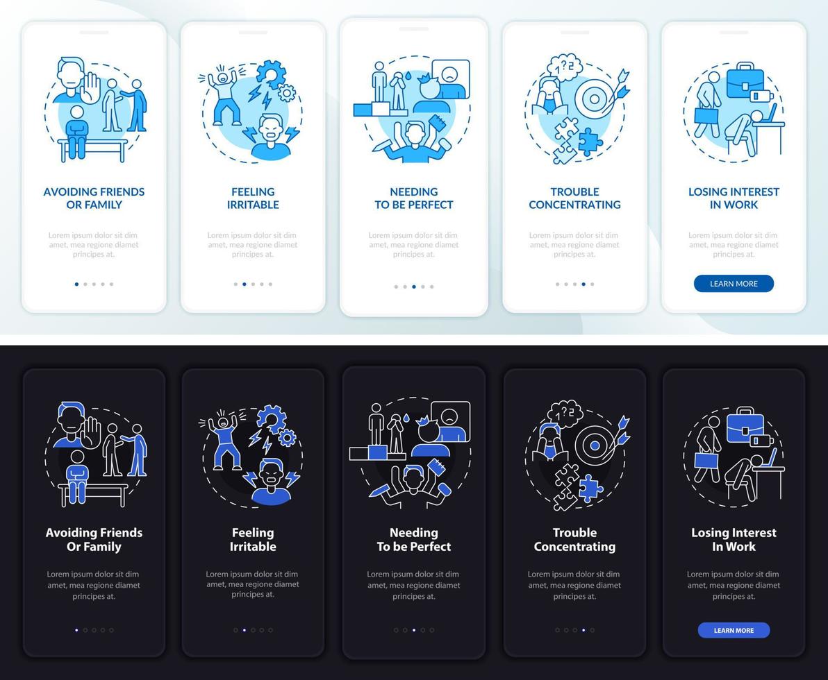 ansiedade no trabalho no modo noite e dia na tela do aplicativo móvel. stress passo a passo 5 passos páginas de instruções gráficas com conceitos lineares. ui, ux, modelo de gui. uma miríade de fontes regulares pró-negrito usadas vetor