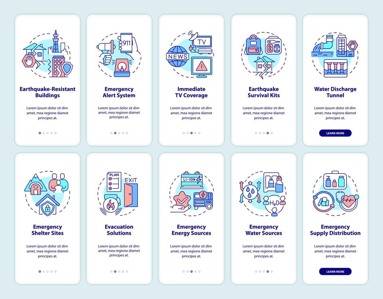 conjunto de telas de aplicativos móveis de integração de mitigação de desastres. passo a passo de segurança 5 passos páginas de instruções gráficas com conceitos lineares. ui, ux, modelo de gui. uma miríade de fontes regulares pró-negrito usadas vetor