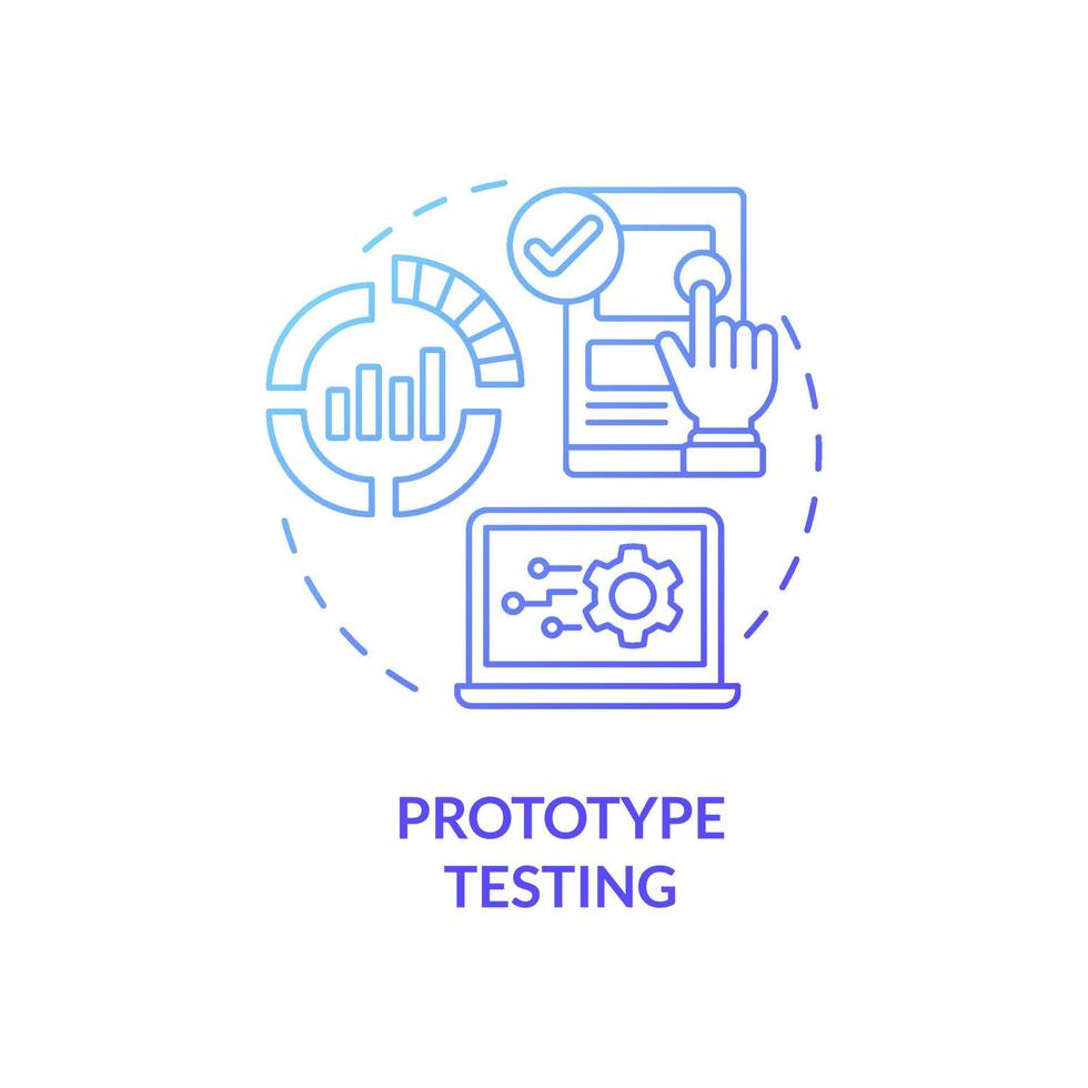 protótipo teste ícone de conceito gradiente azul. ilustração de linha fina de ideia abstrata de réplica de ativo físico. fase de desenvolvimento do produto. desenho de contorno isolado. roboto-medium, inúmeras fontes pró-negrito usadas vetor