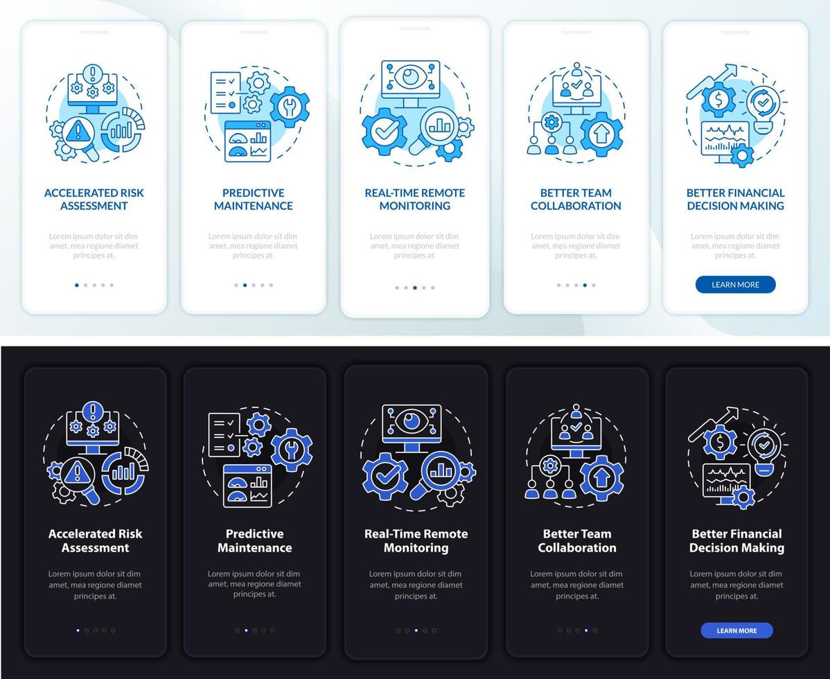 o digital twin beneficia a tela do aplicativo móvel de integração do modo noite e dia. passo a passo 5 passos páginas de instruções gráficas com conceitos lineares. ui, ux, modelo de gui. inúmeras fontes pró-negrito e regulares usadas vetor