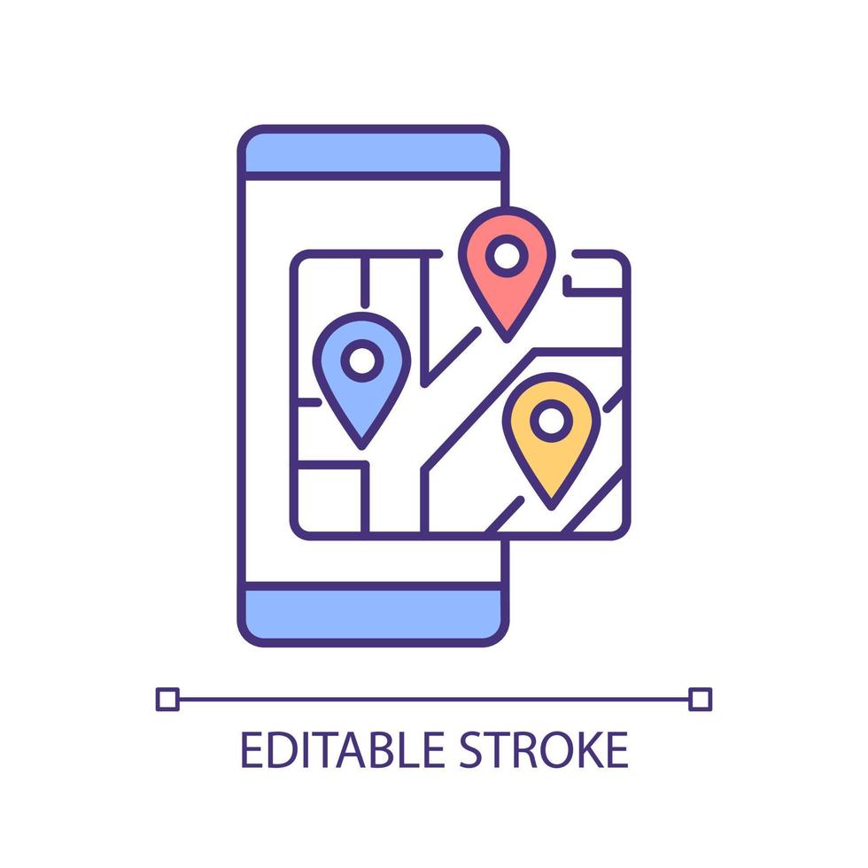 ícone de cor rgb do mapa móvel. Marcador GPS de rastreamento. navegação online para serviço de entrega. solução sem contato. ilustração vetorial isolado. desenho de linha preenchido simples. traço editável. fonte arial usada vetor