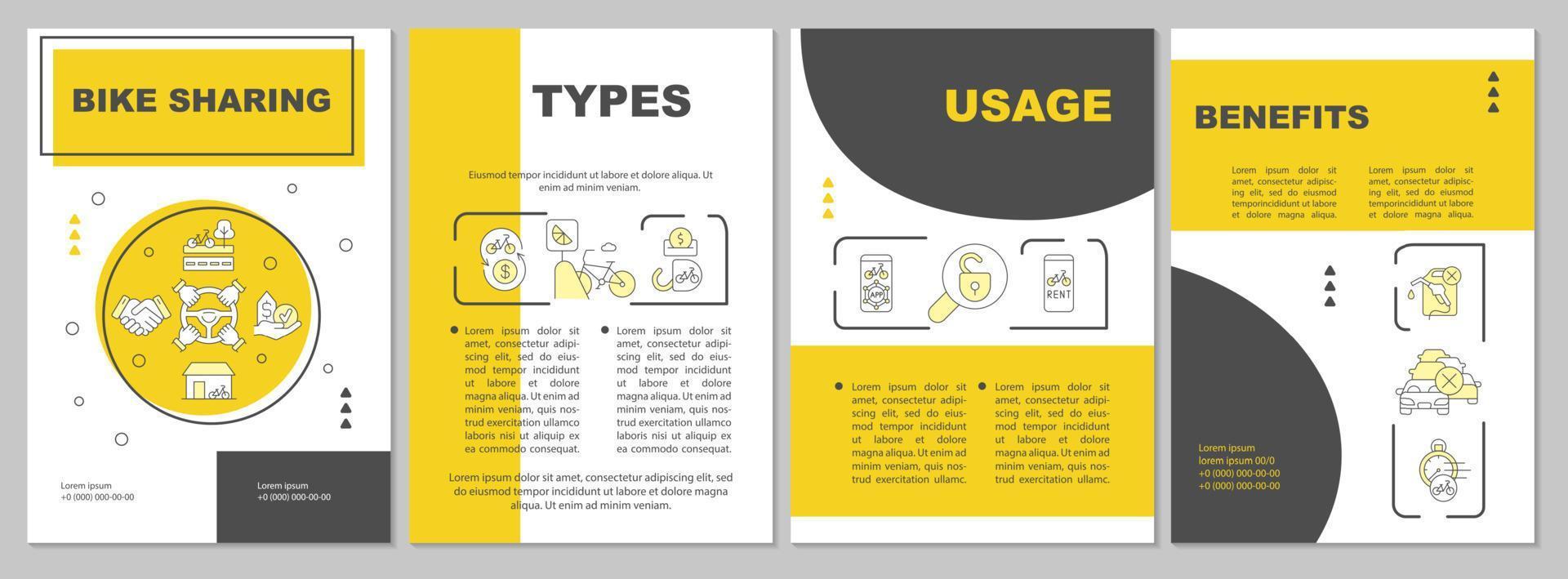 modelo de folheto do sistema de compartilhamento de bicicletas. tipos e benefícios. folheto, livreto, impressão de folheto, design de capa com ícones lineares. layouts vetoriais para apresentação, relatórios anuais, páginas de anúncios vetor