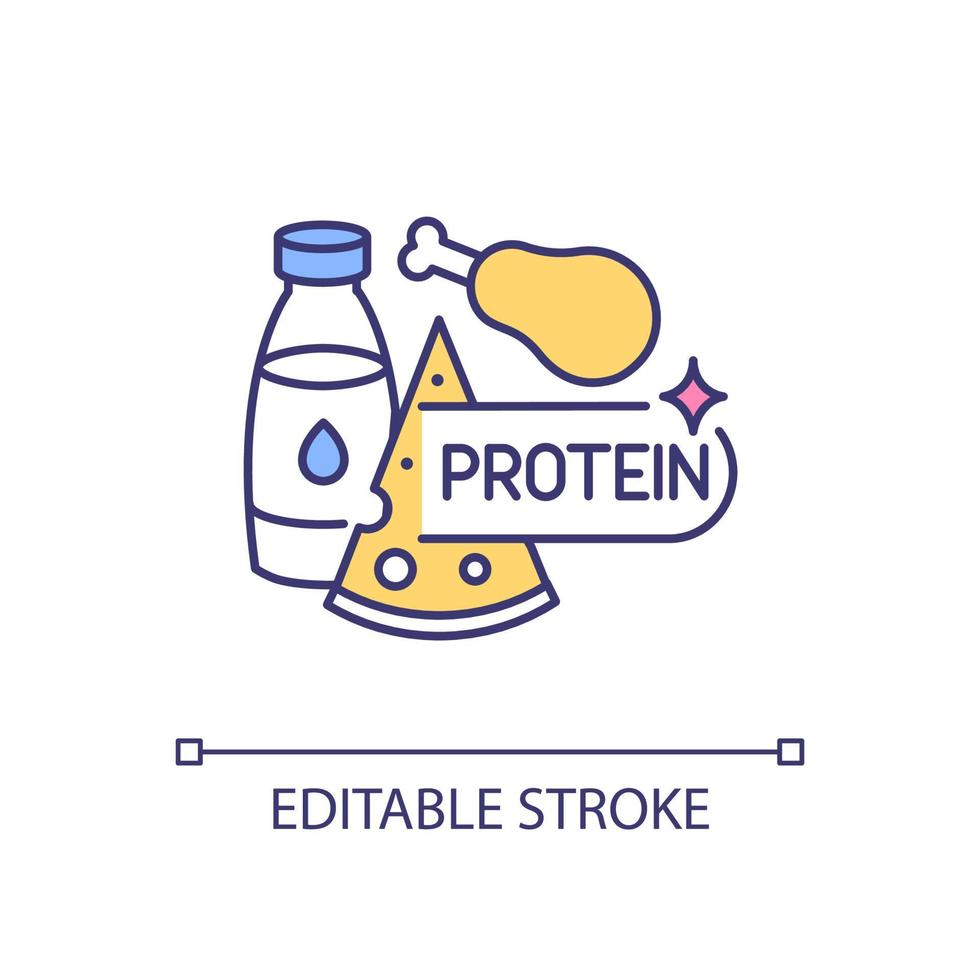 ícone de cor rgb de consumo de proteína. aumentando a massa muscular. carne e laticínios. suplementos dietéticos recomendados. ilustração vetorial isolado. desenho de linha preenchido simples. traço editável vetor