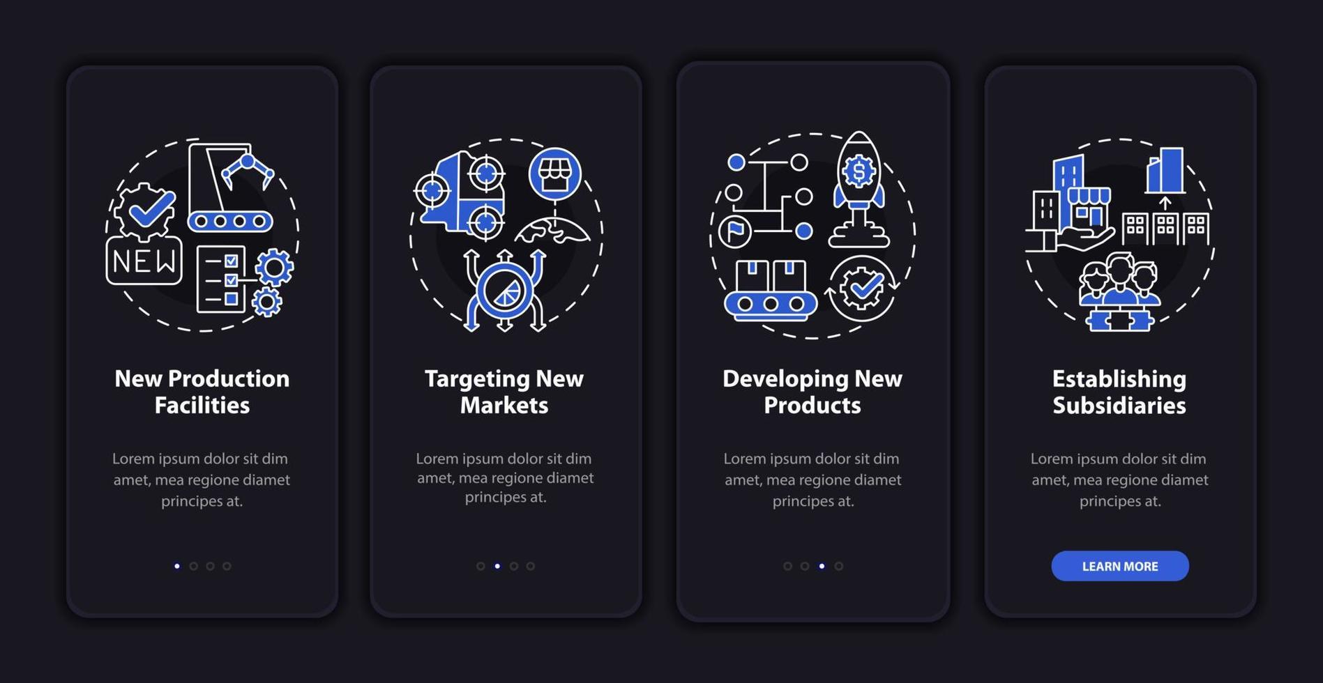 tela de página de aplicativo móvel de integração escura de crescimento interno dos negócios. passo a passo 4 passos instruções gráficas com conceitos. modelo de vetor ui, ux, gui com ilustrações de modo de modo noturno linear