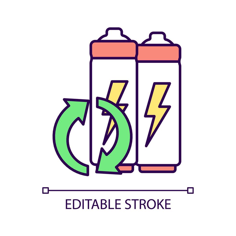 ícone de cor rgb de reciclagem de bateria de íon de lítio. descarte de lixo eletrônico. reutilização do acumulador descarregado. proteção ambiental. ilustração vetorial isolado. desenho de linha preenchido simples vetor