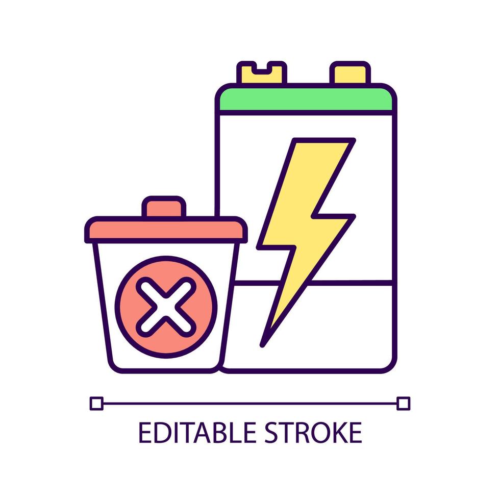 nenhum ícone de cor rgb de descarte de bateria. prevenção de vazamento de produtos químicos perigosos. proibição de aterro de lixo eletrônico. reutilizar acumuladores antigos. ilustração vetorial isolado. desenho de linha preenchido simples vetor