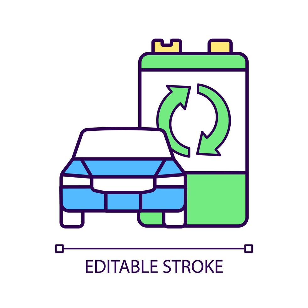 ícone de cor rgb da bateria ev reciclável. reaproveitamento de acumuladores de veículos elétricos. recuperação de material de bateria de carro híbrido. processamento de resíduos. ilustração vetorial isolado. desenho de linha preenchido simples vetor