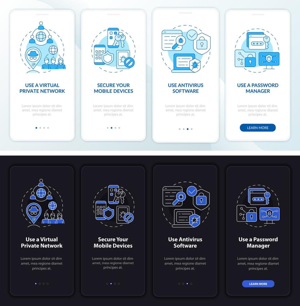 dicas de proteção de privacidade na tela da página do aplicativo móvel. passo a passo de segurança quatro etapas instruções gráficas com conceitos. modelo de vetor ui, ux, gui com ilustrações lineares de modo noturno e diurno