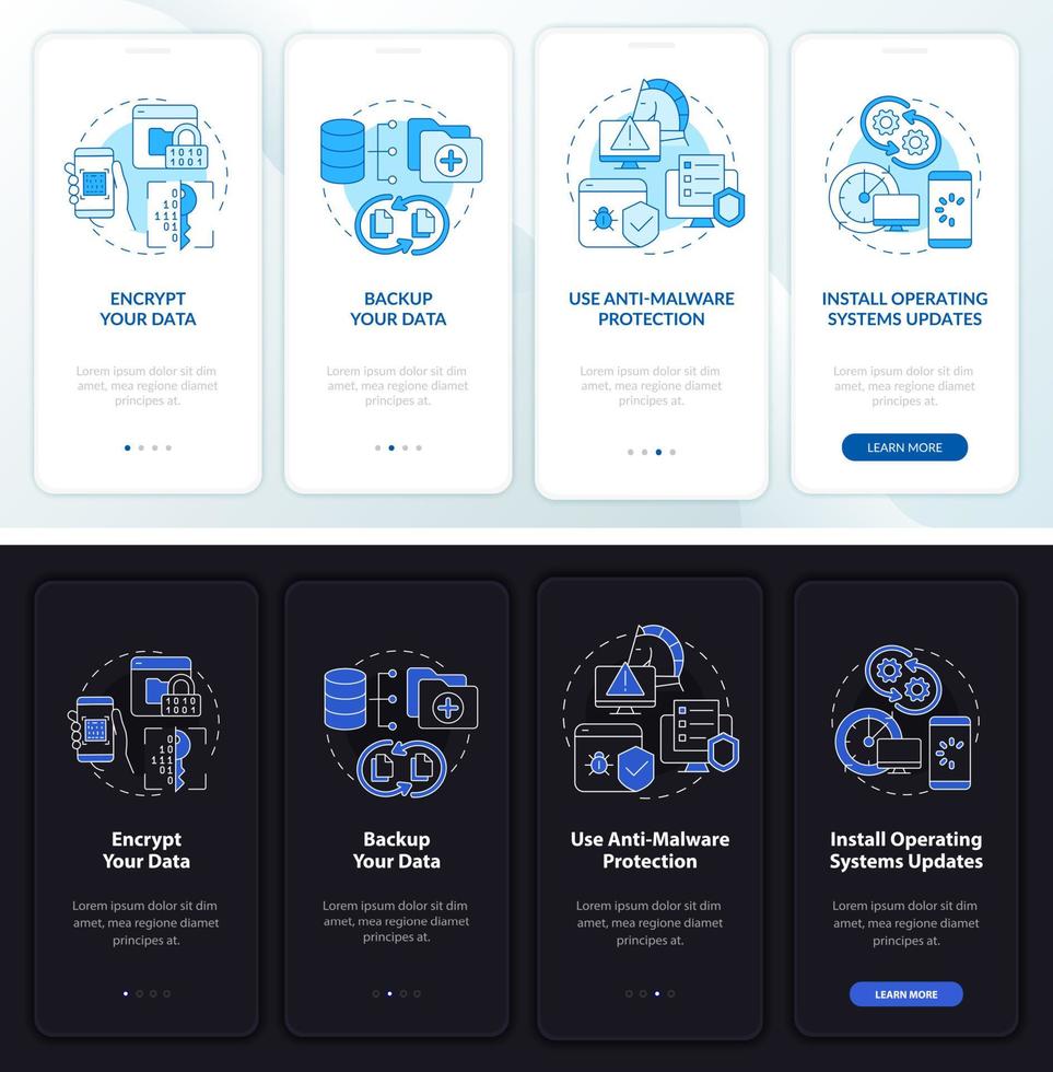 dicas de segurança na web integrando a tela da página do aplicativo móvel. proteção de dados passo a passo instruções gráficas de quatro etapas com conceitos. modelo de vetor ui, ux, gui com ilustrações lineares de modo noturno e diurno