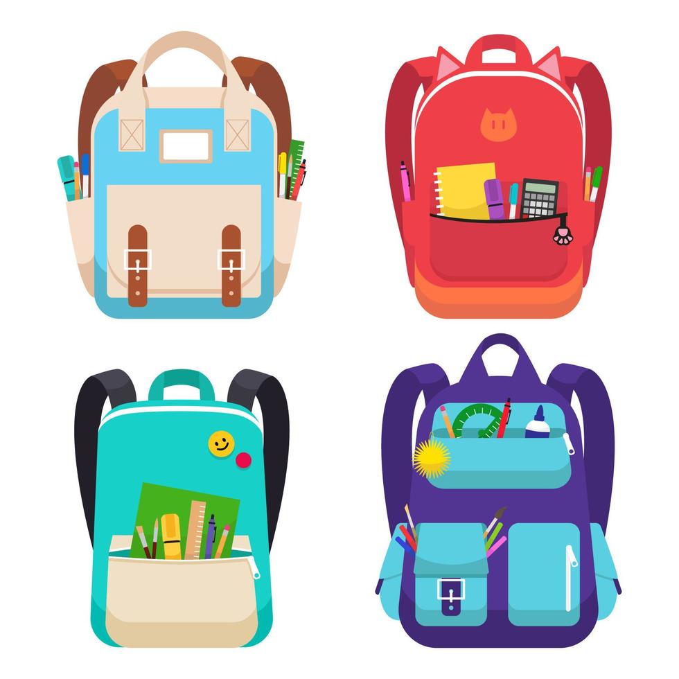 conjunto de mochila escolar de quatro cores. mochilas com material de estudo - canetas, réguas, pincéis, marcadores, etc. educação e estudo, volta às aulas. ilustração vetorial. vetor