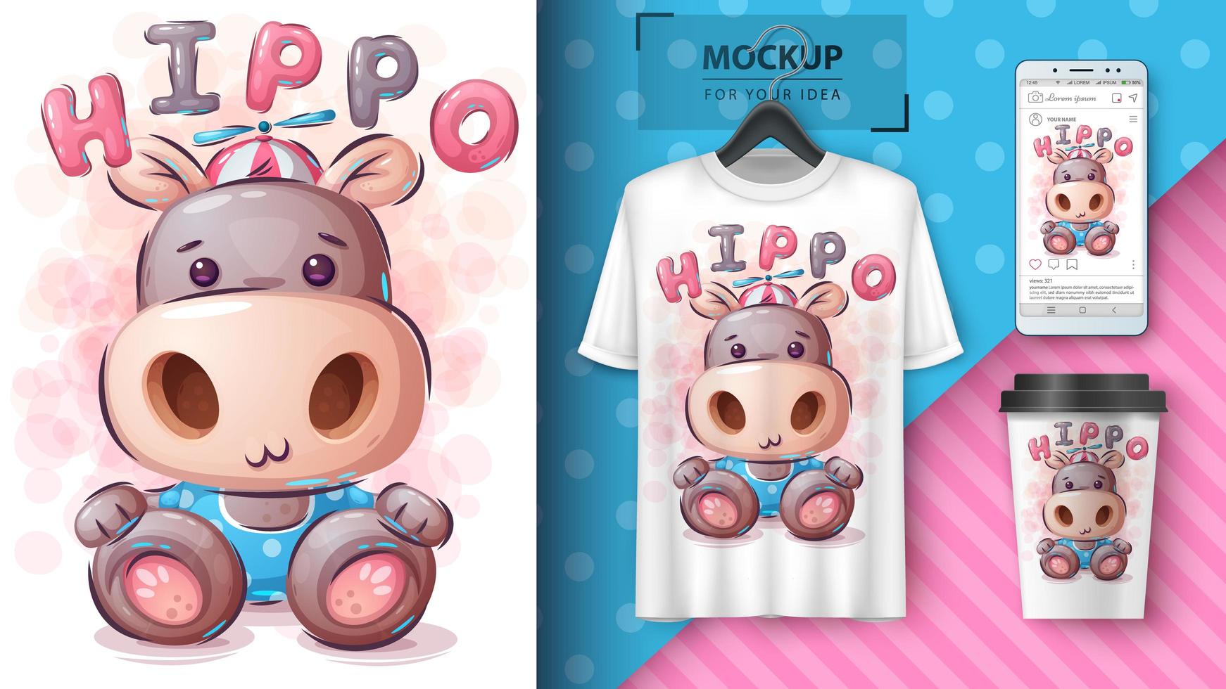 cartaz e merchandising engraçados do hipopótamo do ursinho vetor