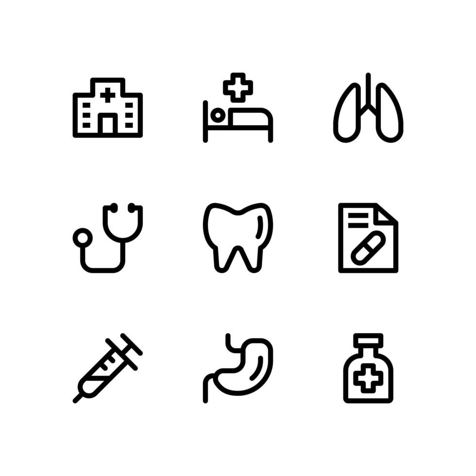 ícones de linha médica com estetoscópio, estômago e muito mais vetor