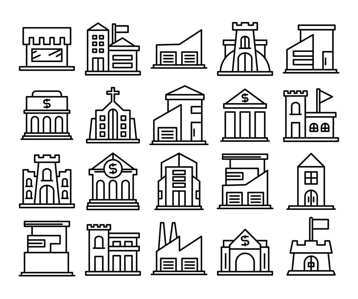 conjunto de ícones de linha de construção de loja, banco, igreja e fábrica vetor