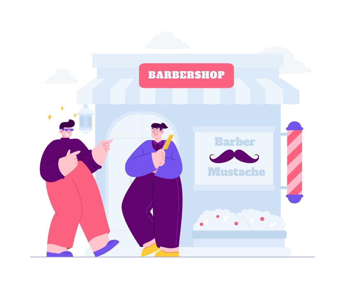 ideia de ilustração vetorial de conceito de loja local para modelo de página de destino, pequena empresa com vitrine de barbearia, local aberto com cliente feliz, vista frontal da loja, proprietário de varejo, estilo plano desenhado à mão vetor