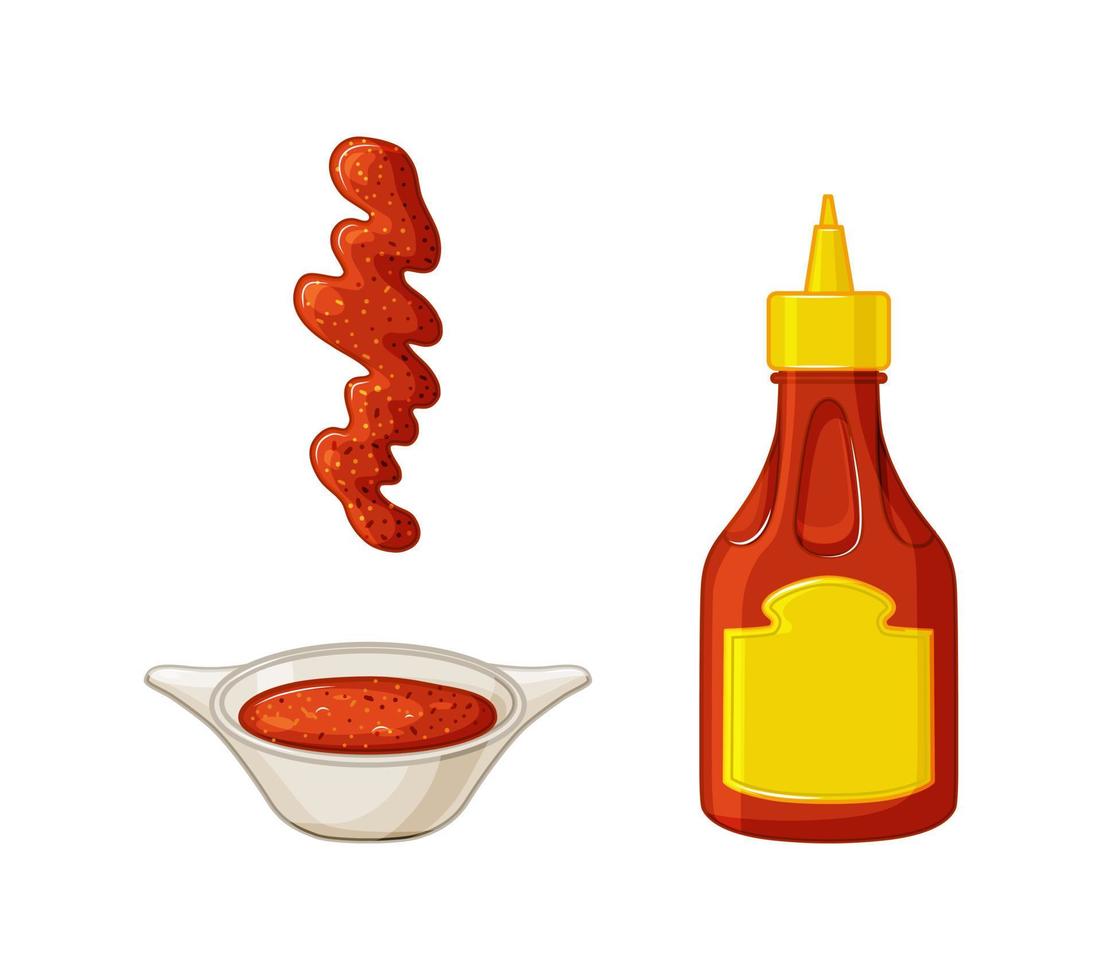 garrafa de molho de pimenta. um conjunto de panela de molho e mancha de molho. ícone de comida definido com pacote de rótulo, simulado. ilustração vetorial vetor