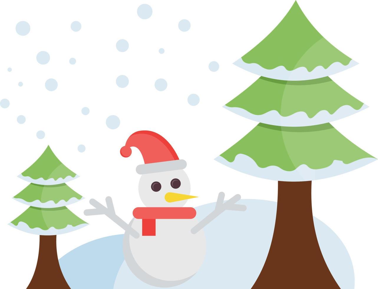boneco de neve fica entre as árvores de natal. vetor