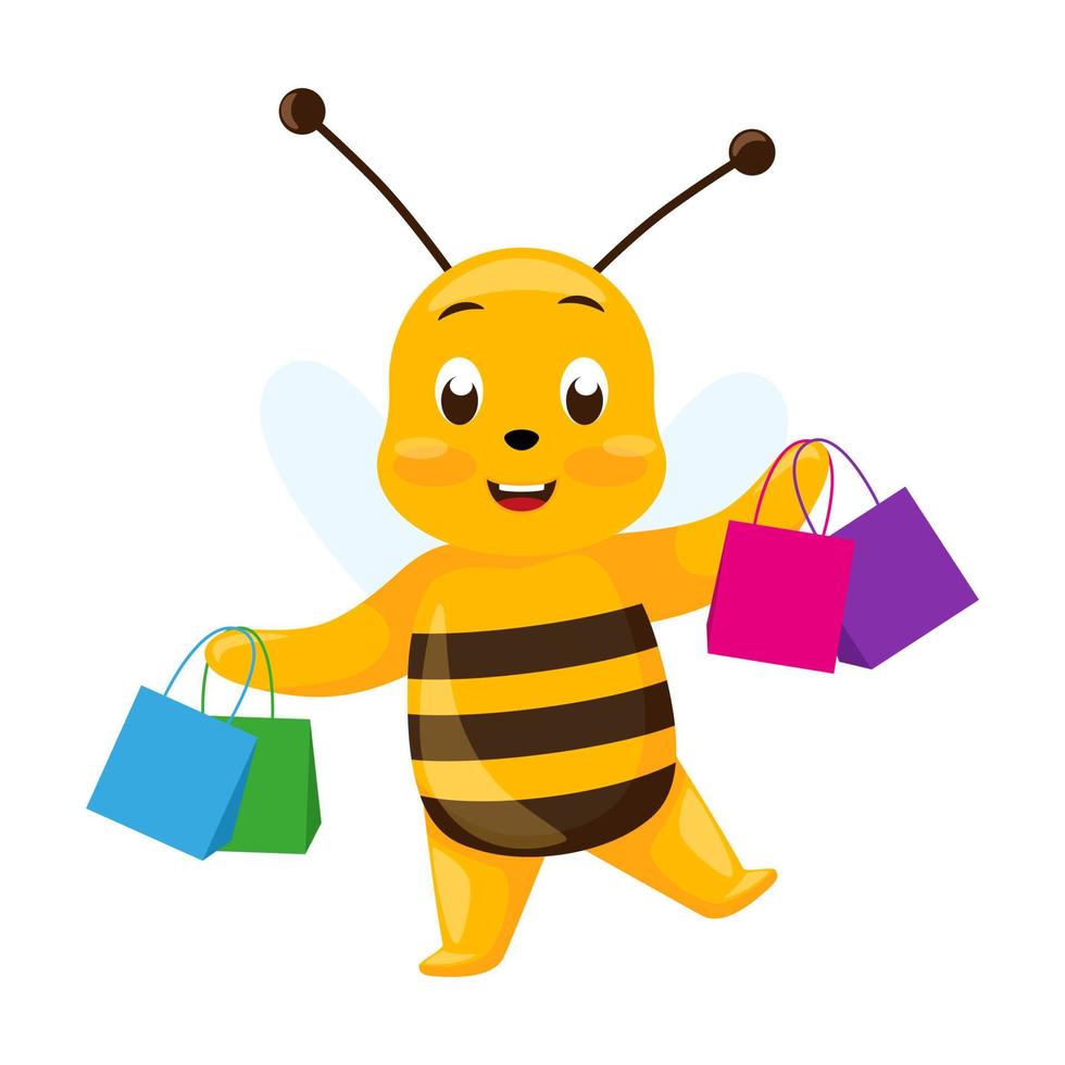 abelha bonitinha indo às compras isoladas no fundo branco. sorridente personagem de desenho animado feliz. vetor