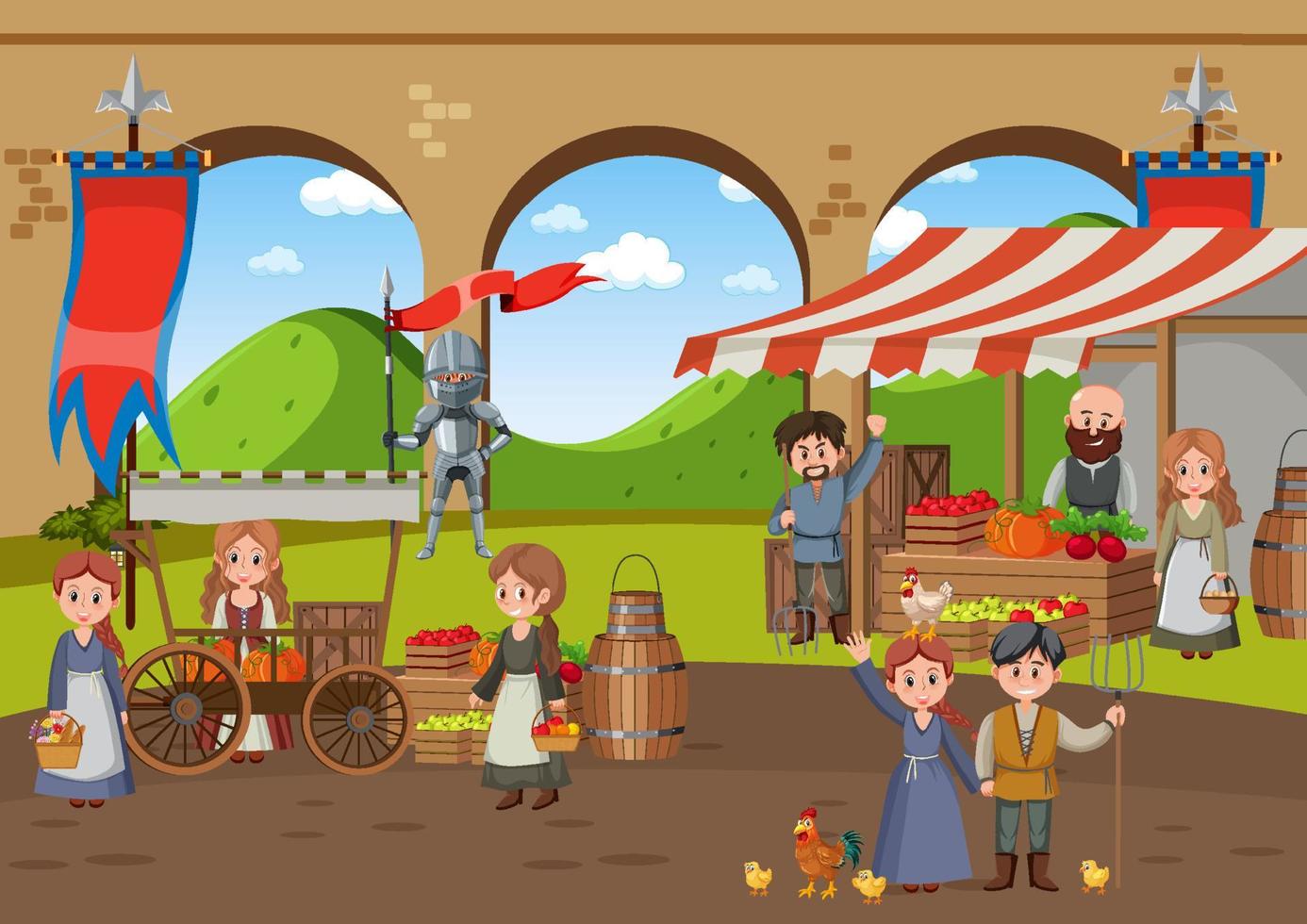 cena de mercado medieval com aldeões vetor