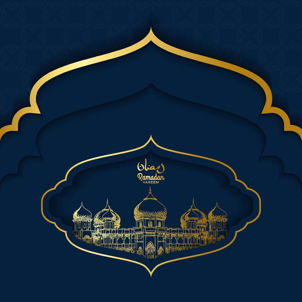 saudações islâmicas fundo de design de cartão ramadan kareem com um esboço de mesquita dourada e um fundo azul ou marinho vetor