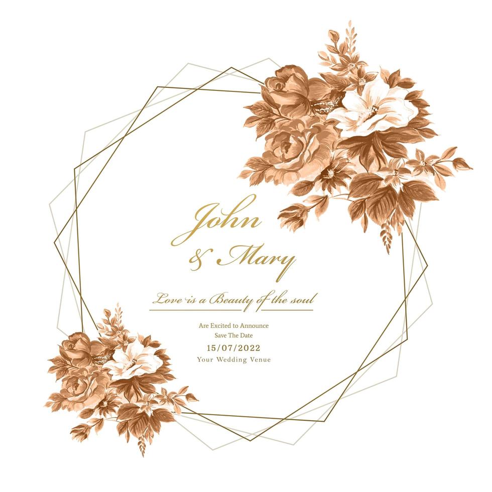 cartão de casamento com flores em aquarela e moldura geométrica vetor