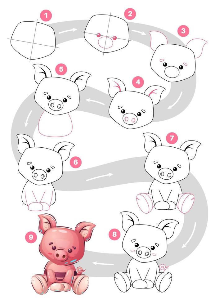 personagem de desenho animado porco animal fofo - tutorial de desenho vetor