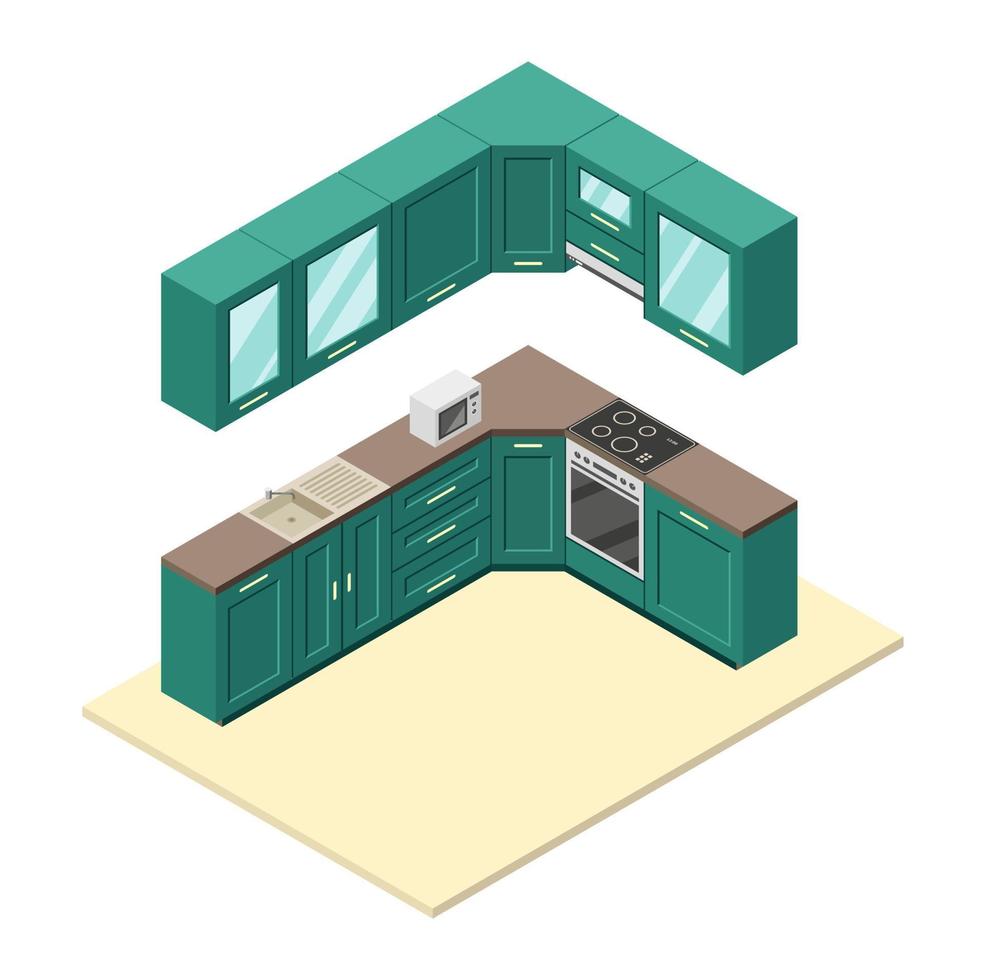 ilustração isométrica vetorial, interior de cozinha 3d, móveis, equipamentos de preparação de alimentos, eletrodomésticos vetor