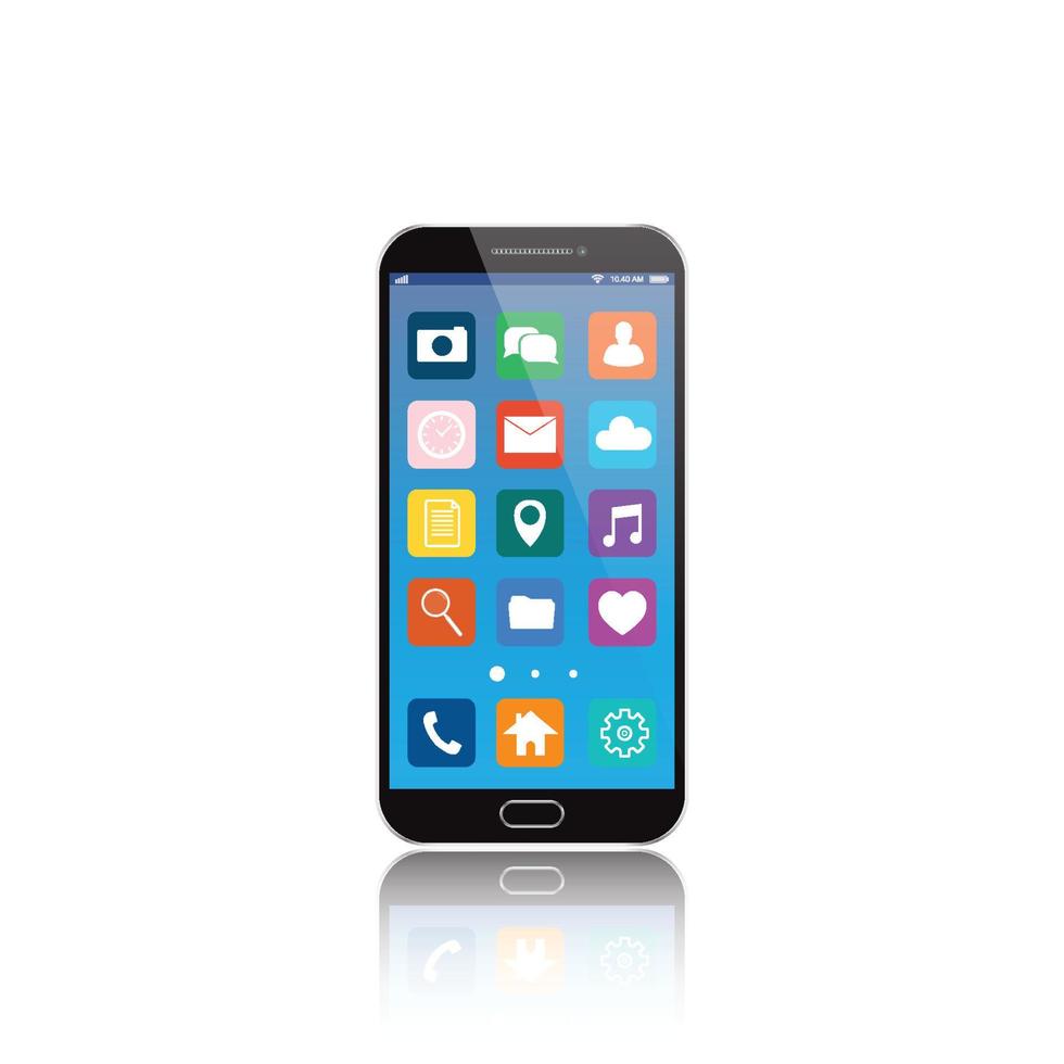 smartphone preto com nuvem de ícones de aplicativos e ícones de aplicativos voando ao redor deles, isolados no fundo branco. eps10 vetor