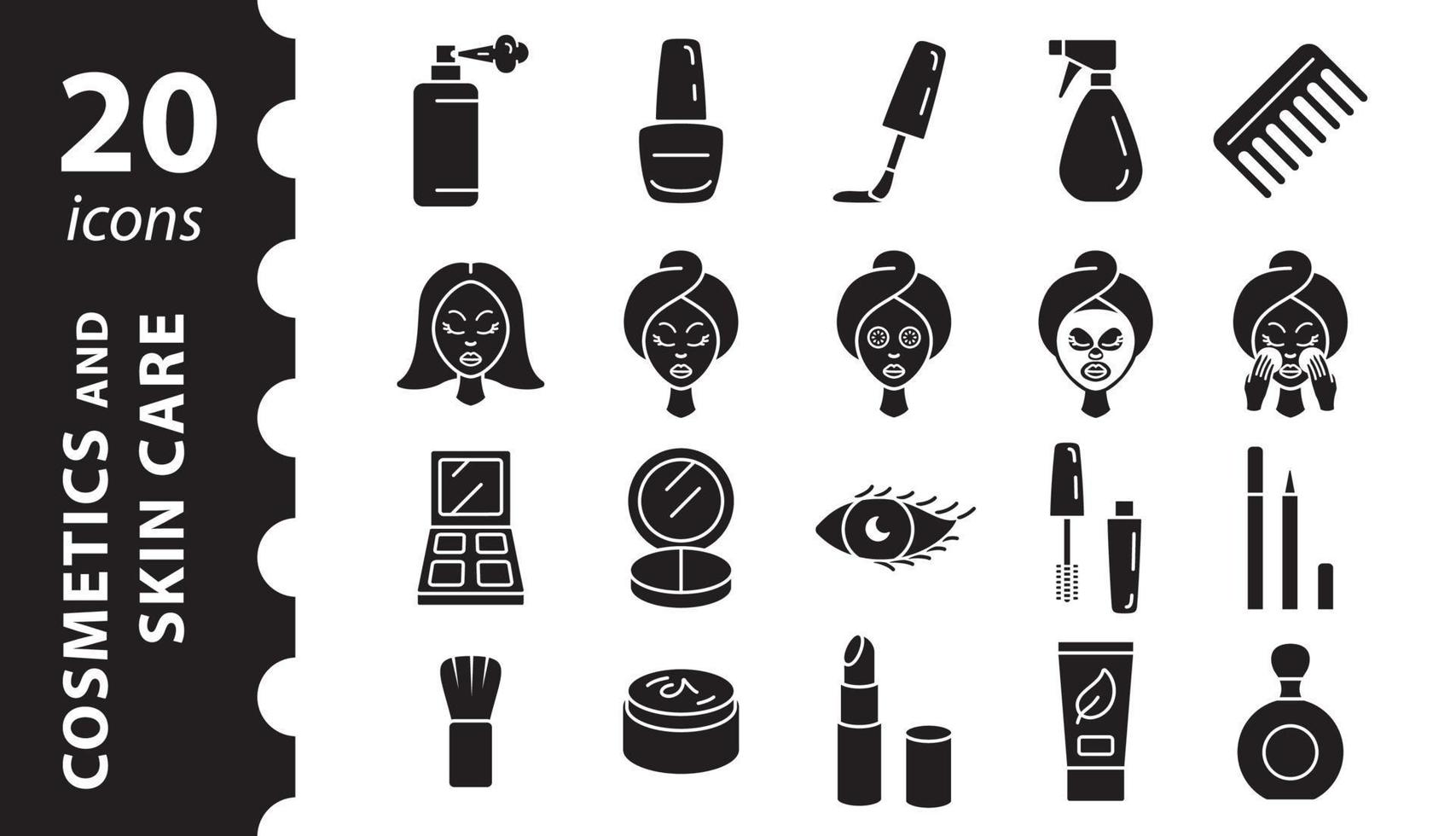conjunto de ícones de cosméticos e cuidados com a pele. ícones de vetor de glifo preto.