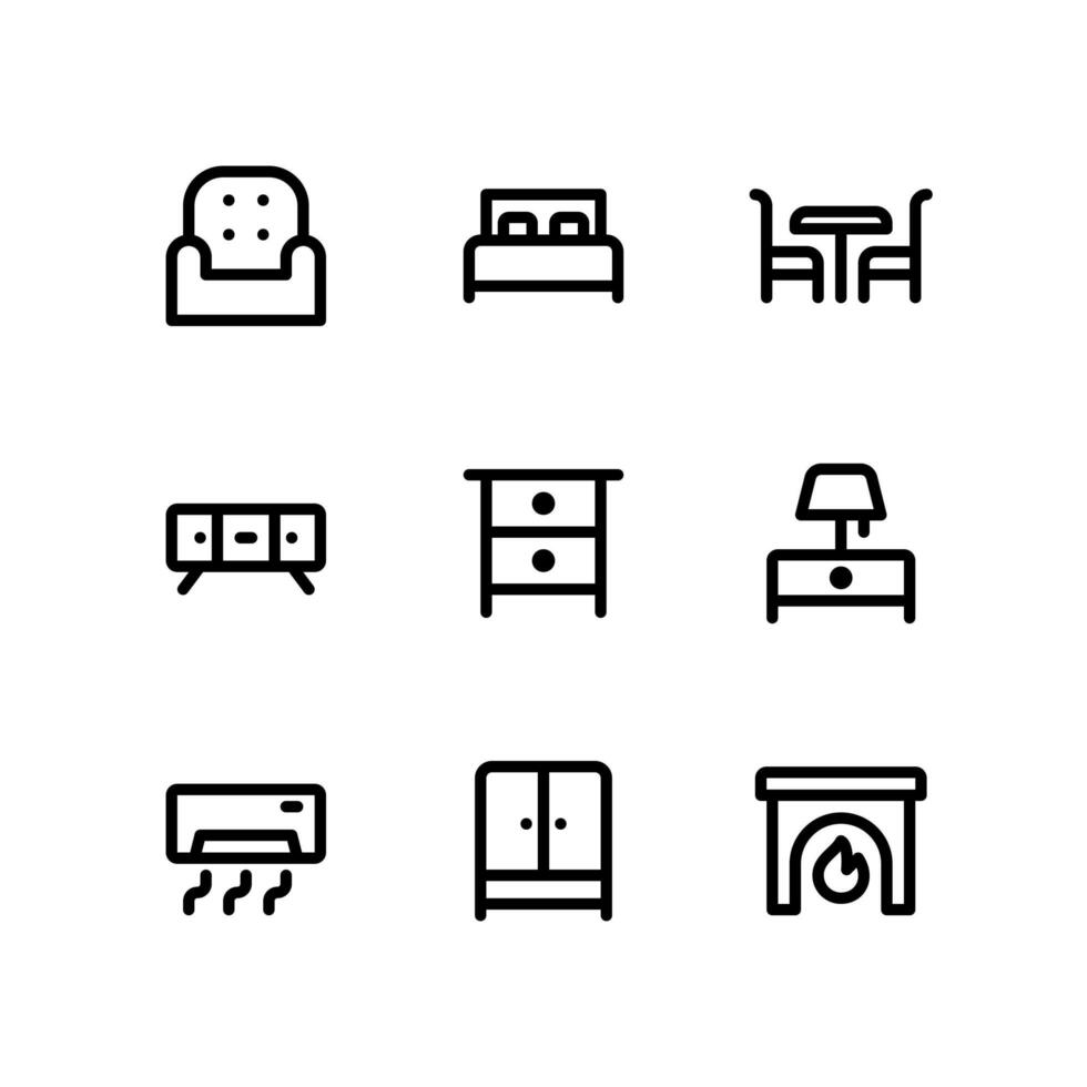 ícones de linha de móveis, incluindo cadeira, cama e muito mais vetor