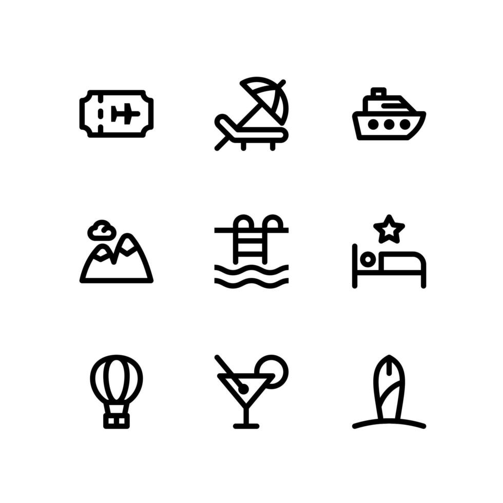 ícones de linha de viagem, incluindo bilhetes, cadeira de praia e muito mais vetor