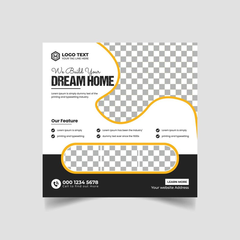 folheto de reparo doméstico de renovação de construção e modelo de banner de postagem de mídia social em casa de sonho ou folheto imobiliário quadrado, vetor