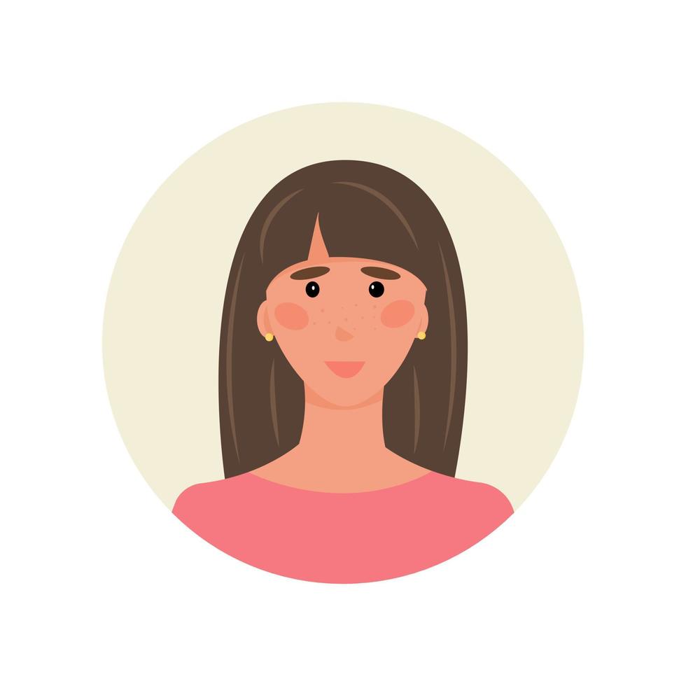 avatar de uma mulher de cabelos castanhos com franja e cabelos compridos em uma blusa rosa. distintivo de juventude exclusivo para fóruns femininos temáticos, e-mails, chatbots, suporte. ilustração vetorial vetor