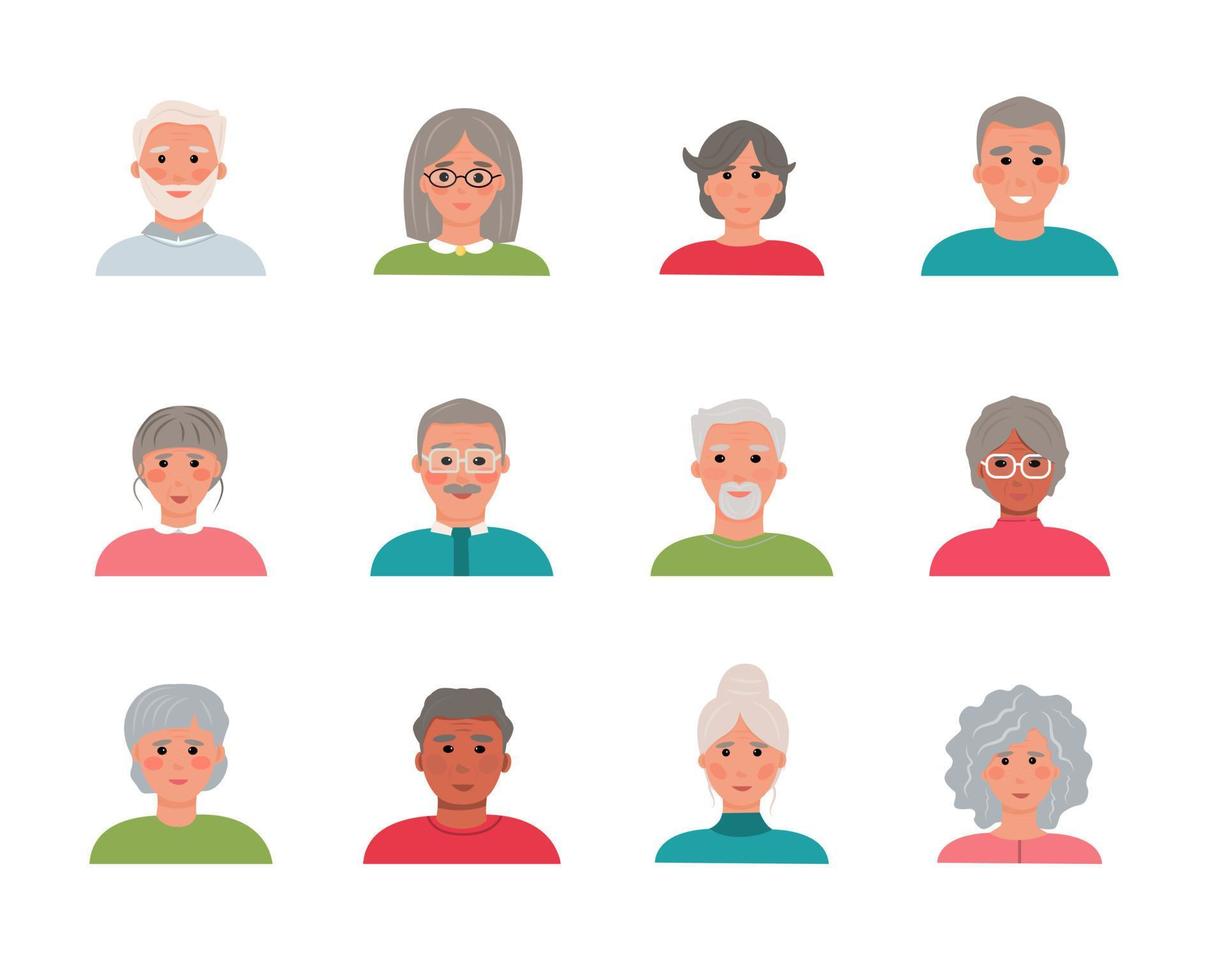 conjunto de 12 personagens de avatares de pessoas idosas. coleção de retratos de homens e mulheres idosos de diferentes nacionalidades. rostos de desenhos animados dos avós. ilustração vetorial, plana vetor