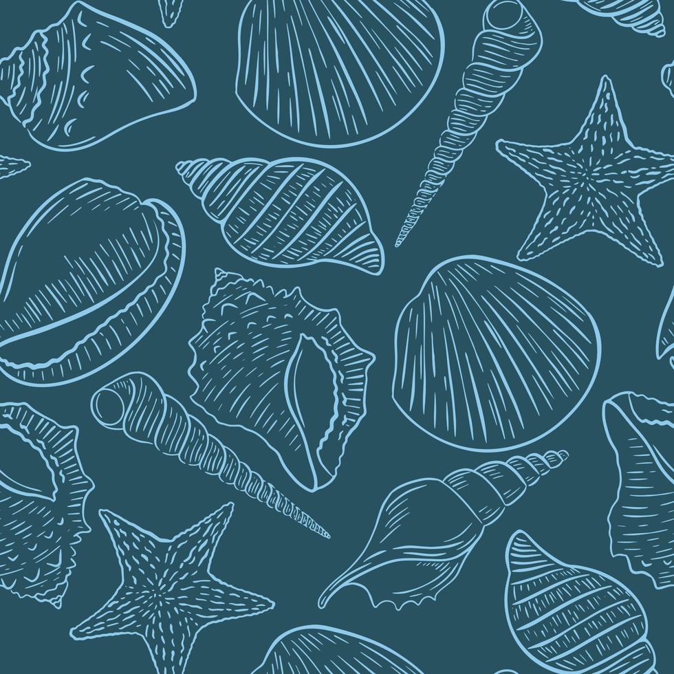 fundo azul com desenho de amêijoas e conchas do mar vetor