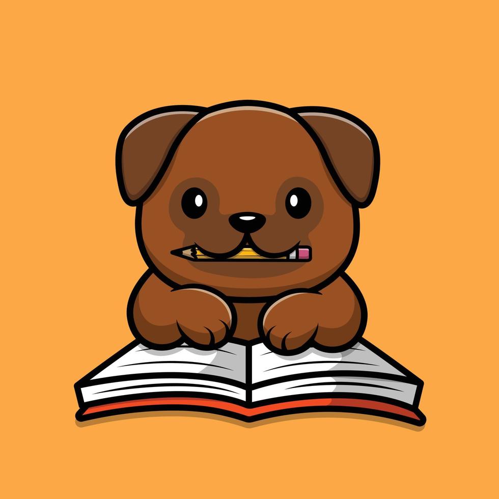 cão pug fofo com ilustração de ícone de vetor de desenho de livro e lápis. educação animal ícone conceito isolado vetor premium. estilo de desenho animado plano