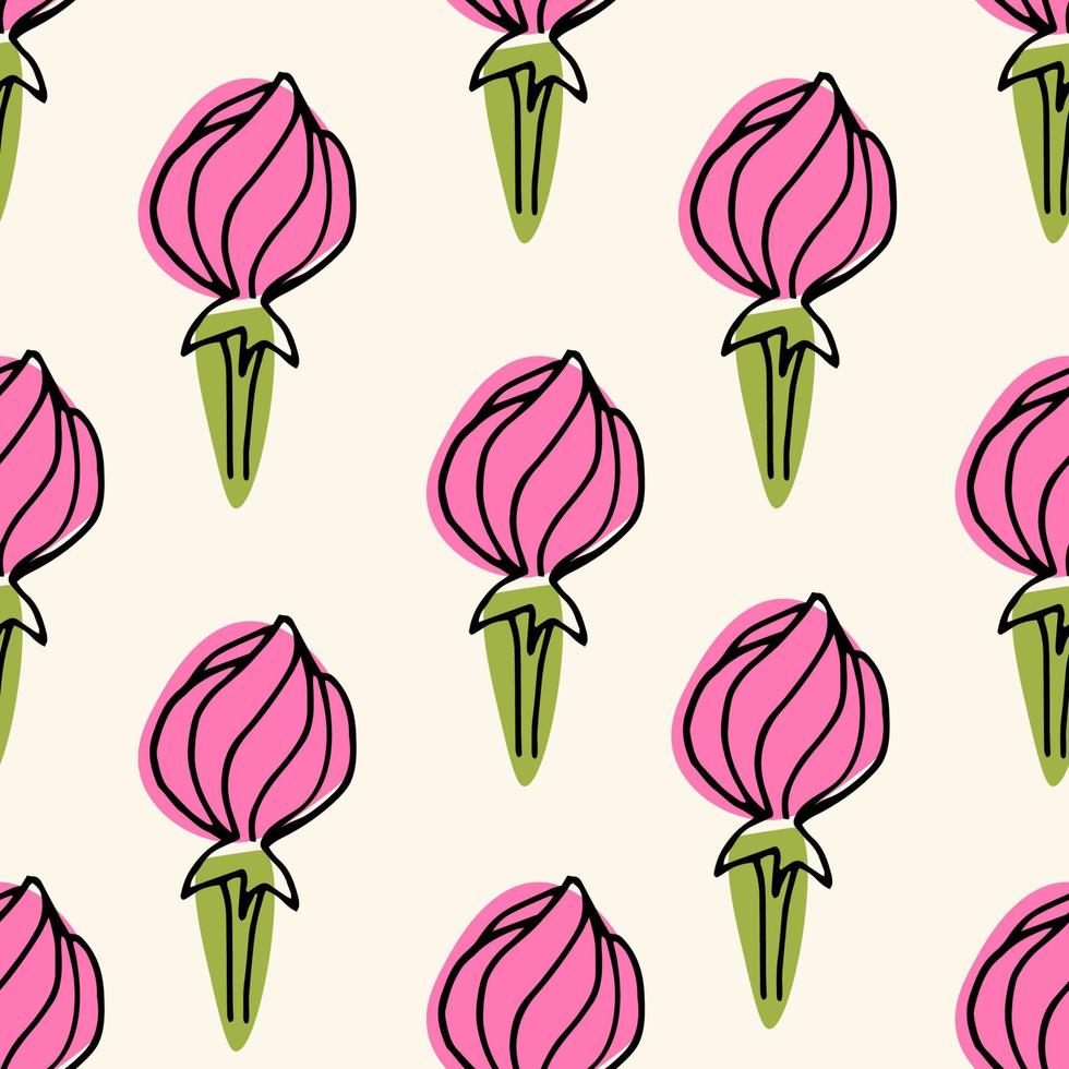 flores de doodle desenhadas à mão. padrão sem emenda floral. fundo infinito colorido com botões de rosa fechados. vetor