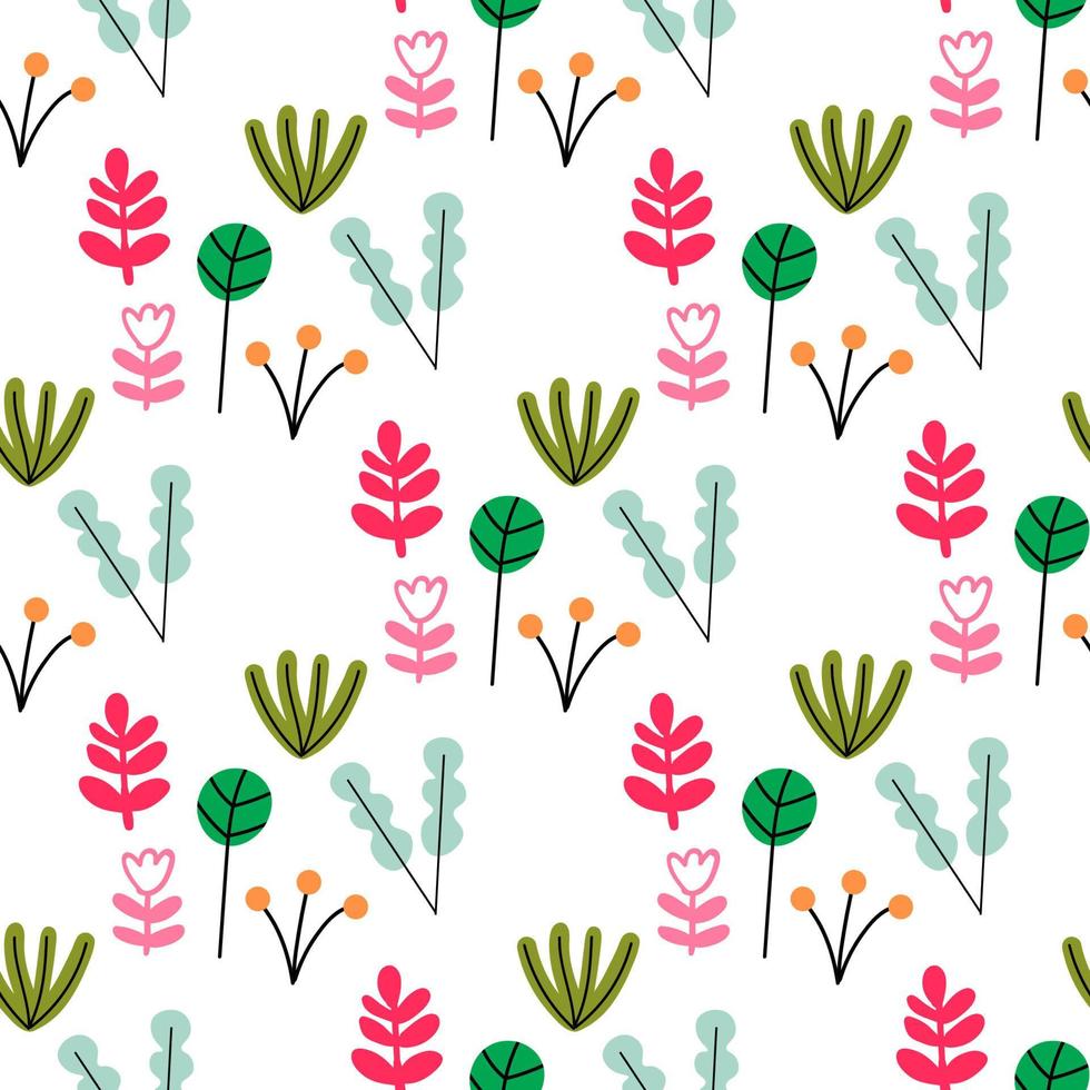 padrão sem emenda de flor bonito dos desenhos animados. fundo com planta, galho, folhas. papel de embrulho, têxtil. vetor
