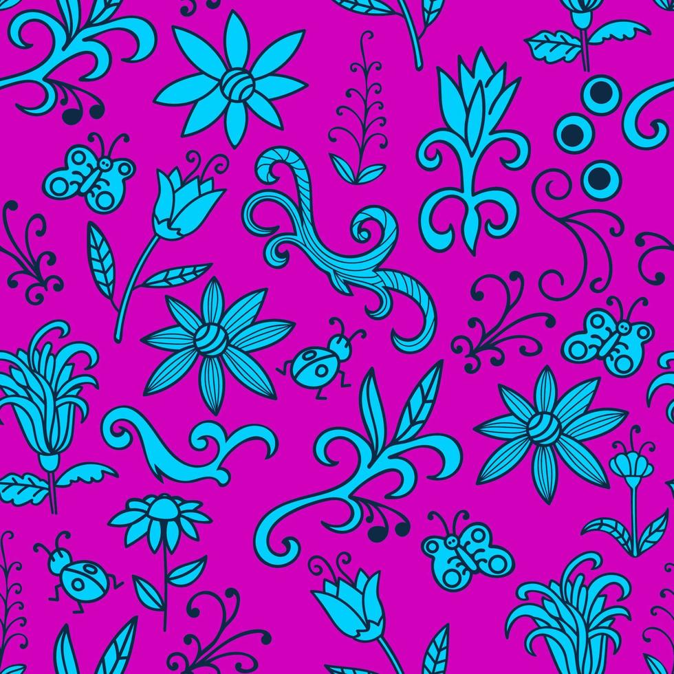 padrão sem emenda de doodle floral com flores e redemoinhos, insetos e borboleta. textura botânica perfeita. flores desenhadas à mão detalhadas. padrão floral em estilo doodle, plano de fundo. vetor