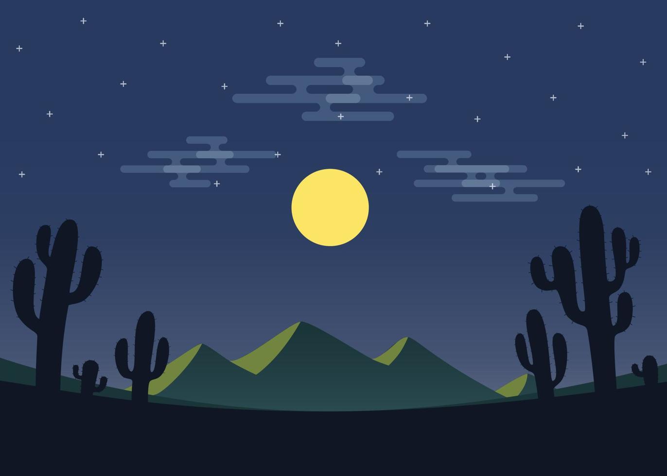 paisagem do deserto à noite com montanha e cactos. ilustração vetorial vetor