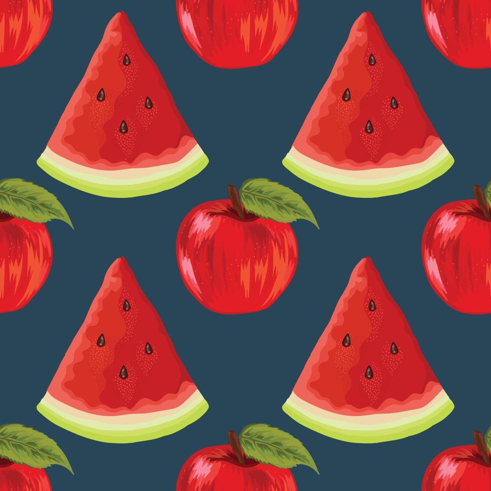 melancia e maçã desenham design de padrão sem costura de frutas e legumes vetor