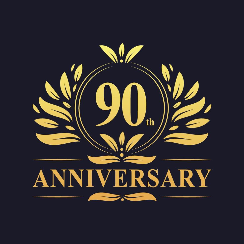 Design de aniversário de 90 anos, logotipo de aniversário de 90 anos de cor dourada luxuosa. vetor