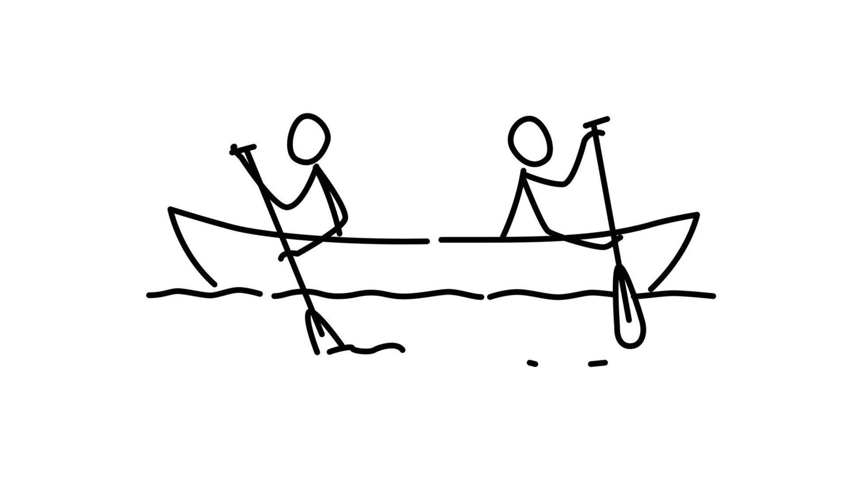 ilustração de dois homens em um barco. vetor. cada equipe à sua maneira. conflito de interesses. metáfora. imagem de contorno. raça líder. chefes de ambições. vetor