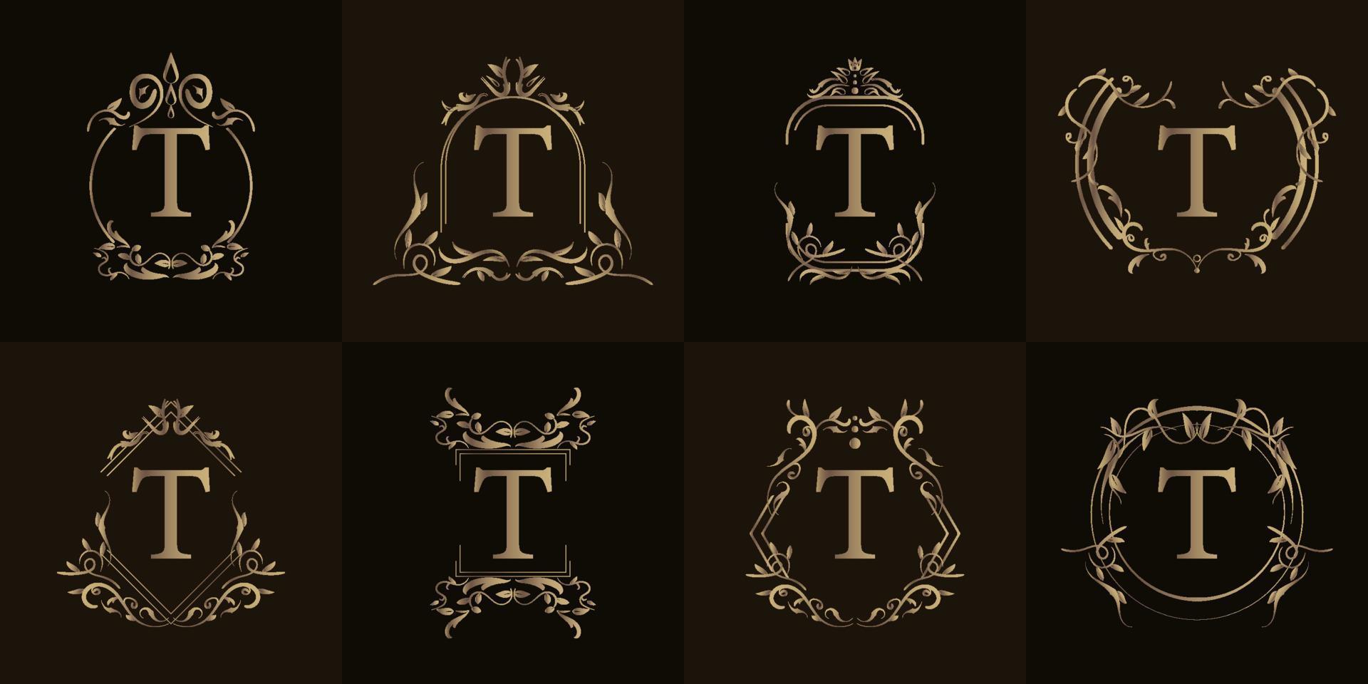 logotipo inicial t com ornamento de luxo ou moldura de flores, coleção definida. vetor