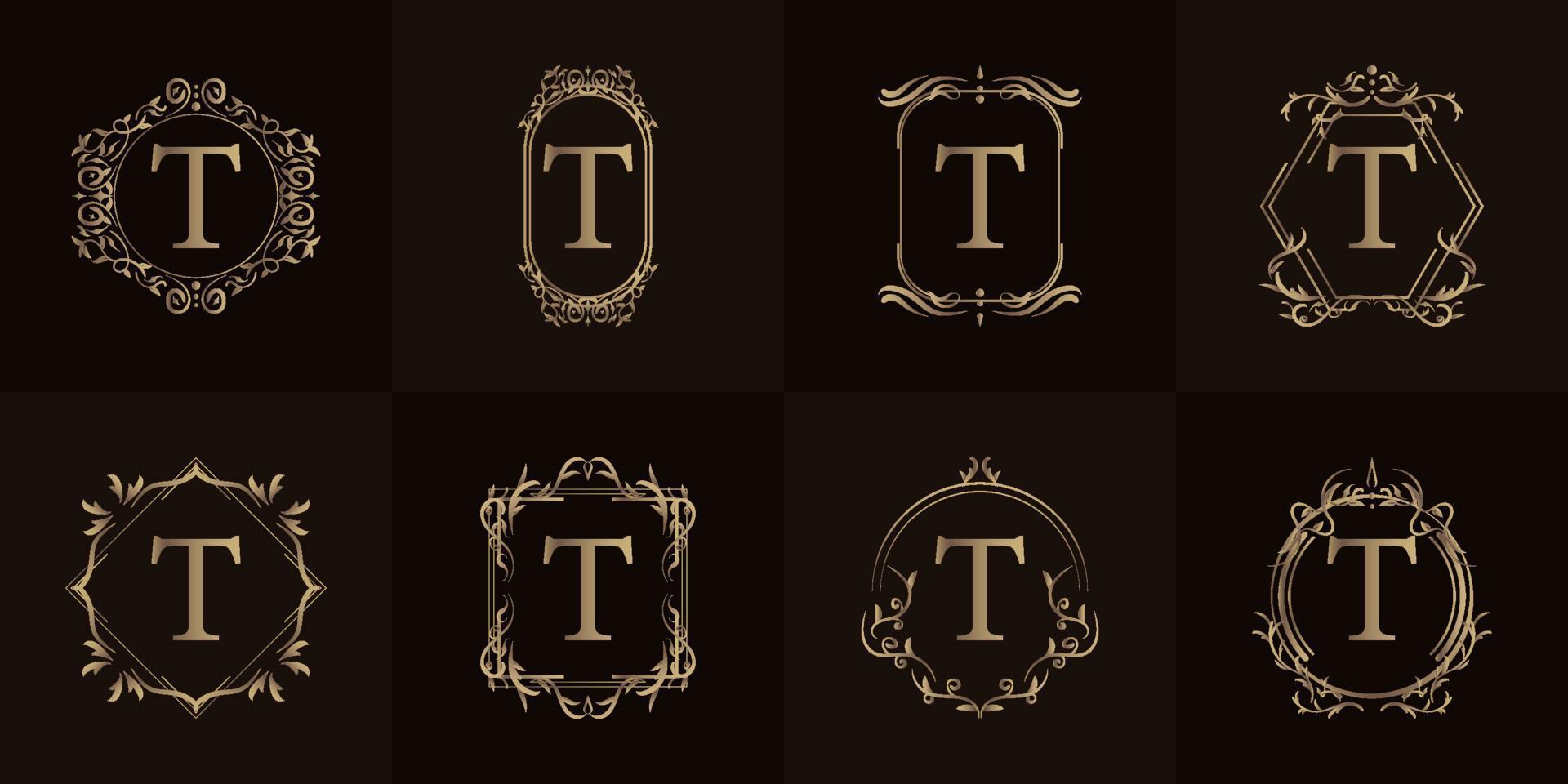 logotipo inicial t com ornamento de luxo ou moldura de flores, coleção definida. vetor