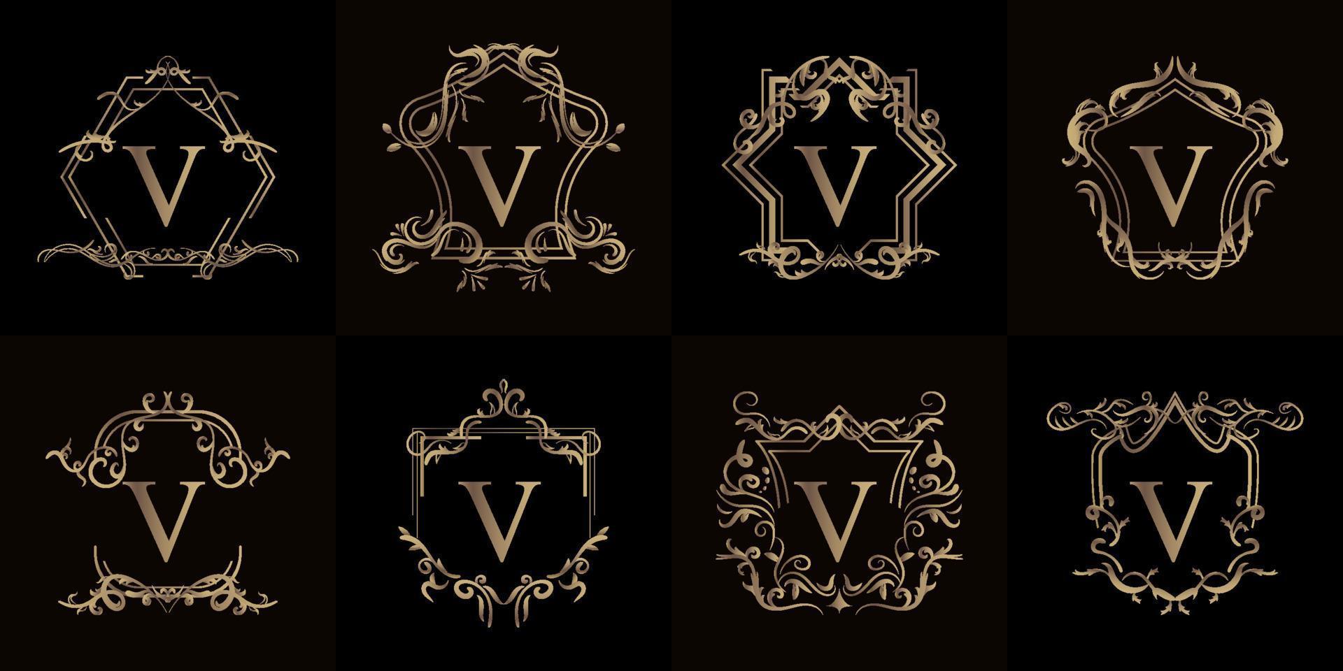 conjunto de logotipo inicial v com ornamento de luxo ou moldura de flores vetor